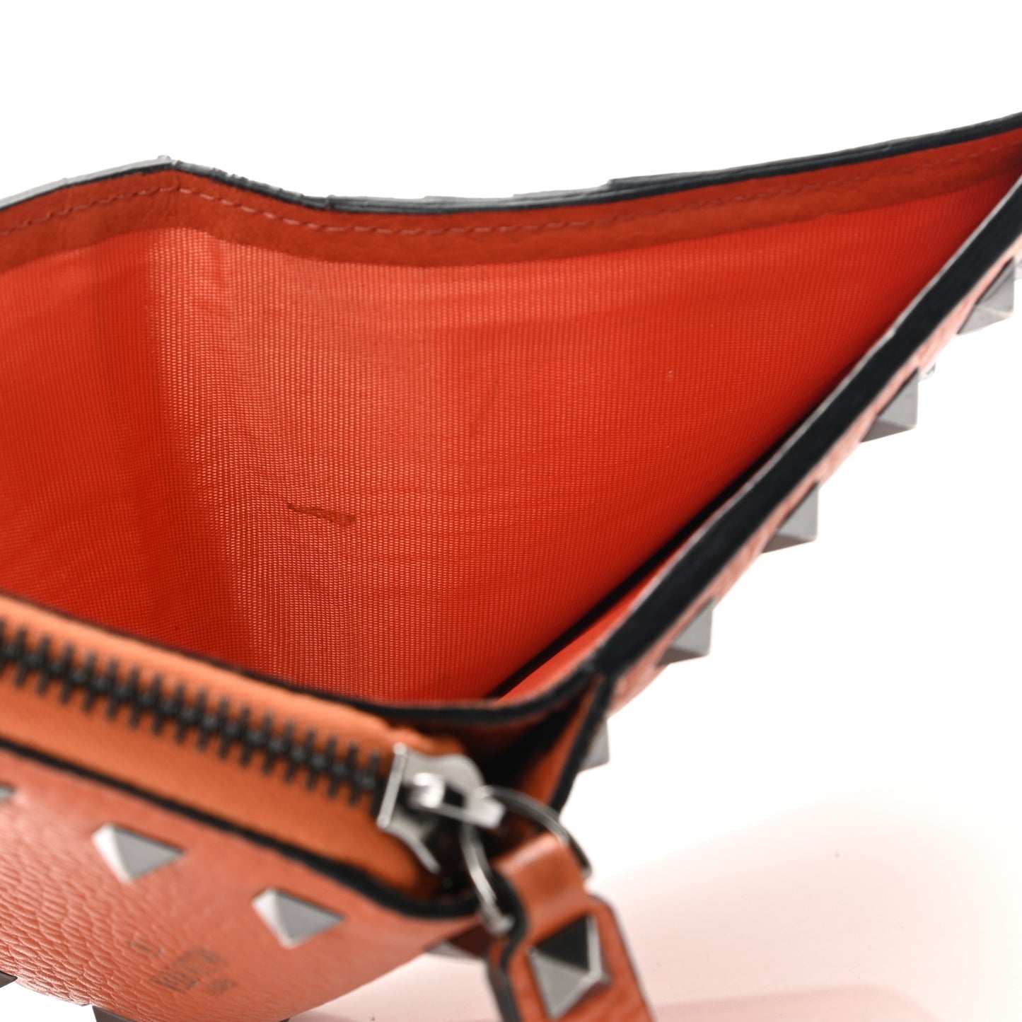 Pebbled Calfskin Rockstud Compact Zip Around Wallet Orange