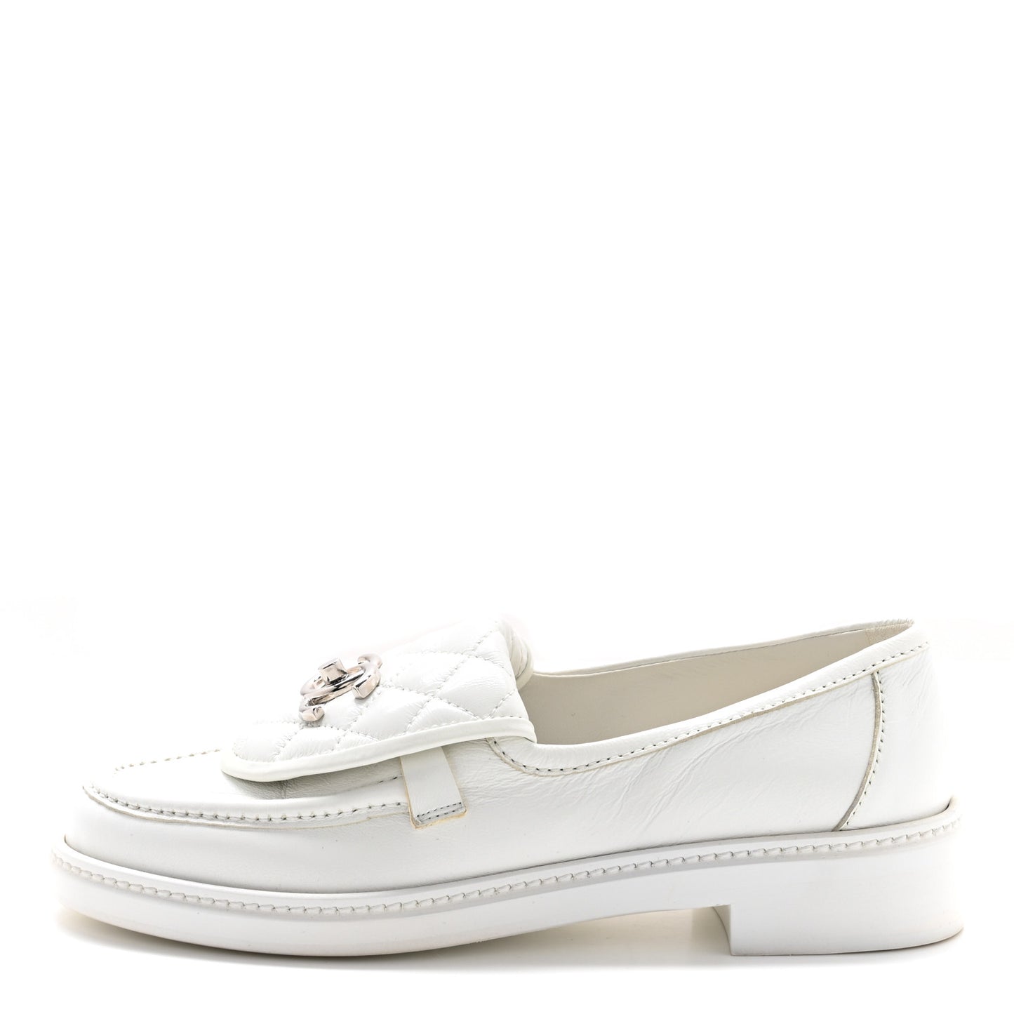 Shiny Lambskin Quilted CC Turnlock Loafers 37 White