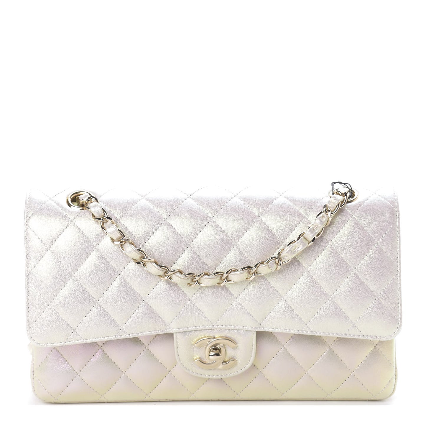 Iridescent Lambskin Quilted Medium Double Flap Ivory