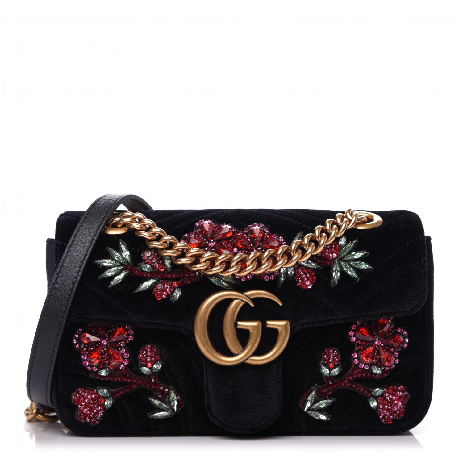 Gucci Velvet Matelasse Embroidered Mini GG Marmont Shoulder Bag Black 1 of 9