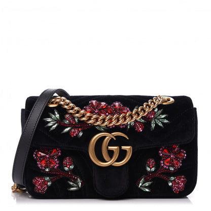 Gucci Velvet Matelasse Embroidered Mini GG Marmont Shoulder Bag Black 1 of 9
