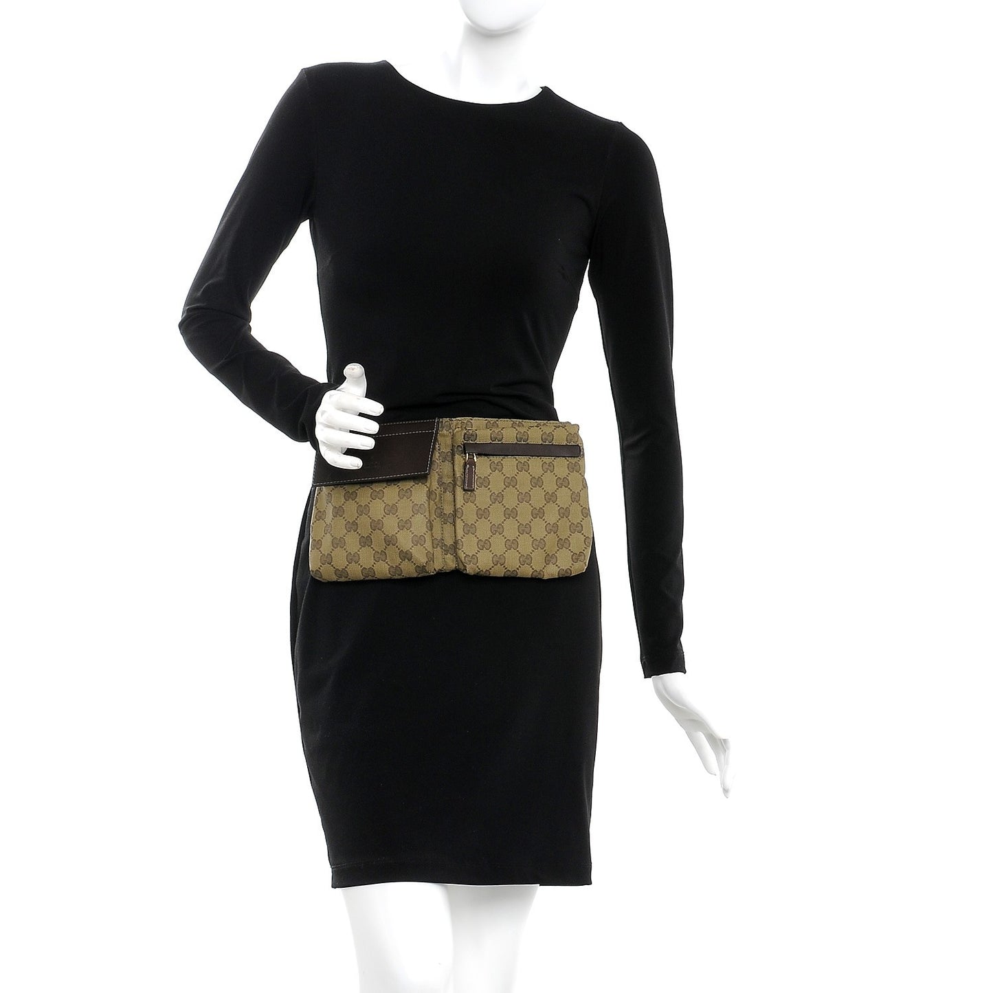 GG Monogram Web Double Pocket Belt Bag Green Dark Brown
