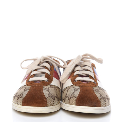 Gucci Suede Monogram Web Womens Falacer Sneakers 39.5 Nocciola Beige Mystic White Hibiscus Red 2 of 9
