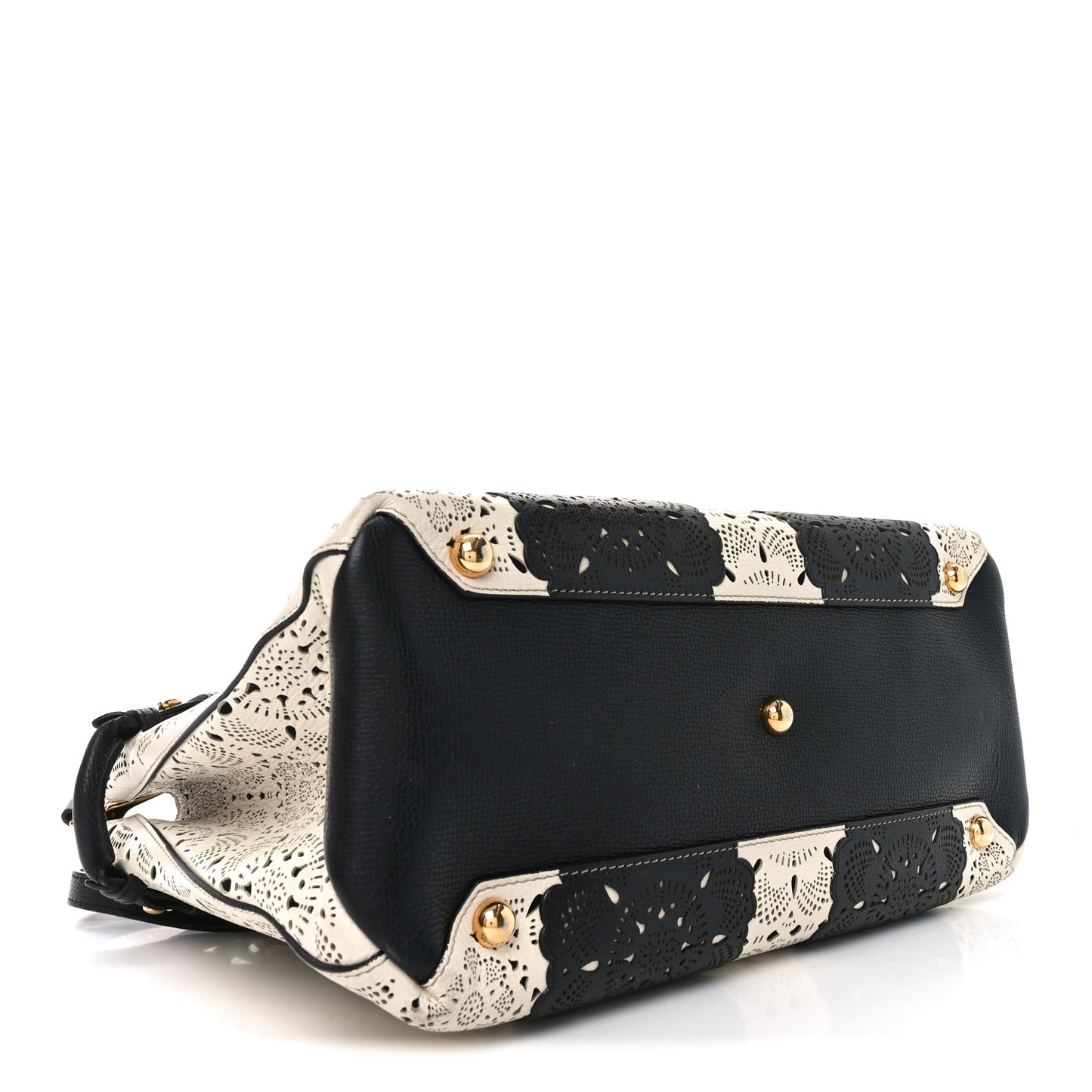 Grainy Calfskin Perforated Medium Broguing Banner Tote White Black
