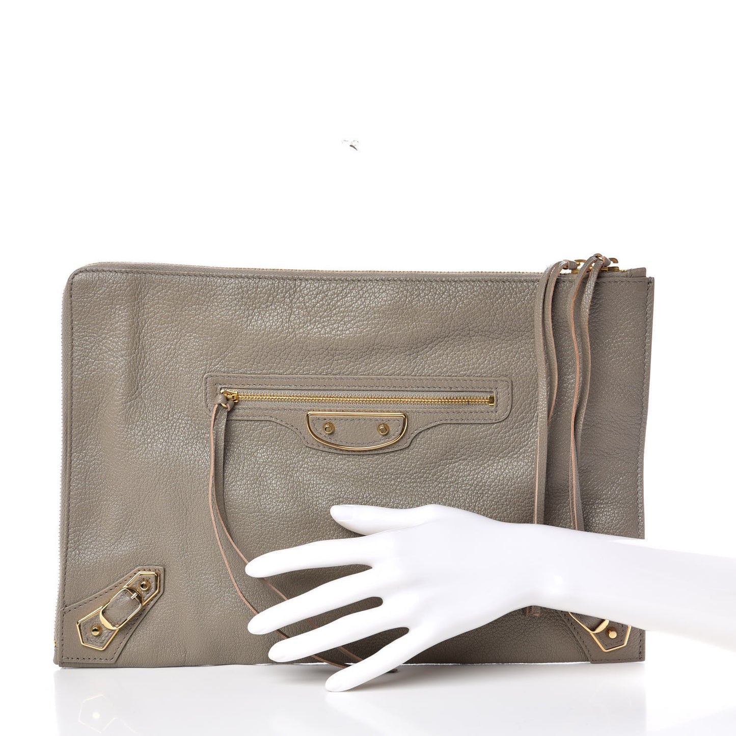 Chevre Gold Metallic Edge Hardware Pouch Gris Taupe
