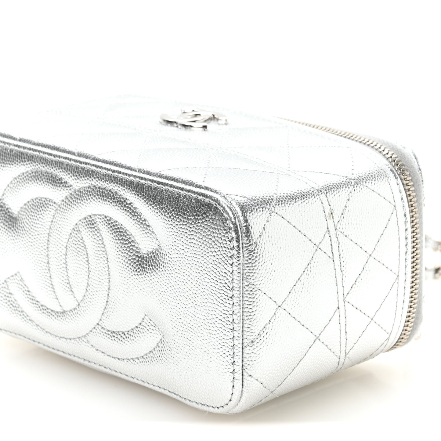 Metallic Caviar Quilted Trendy Handle Mini Vanity Silvery