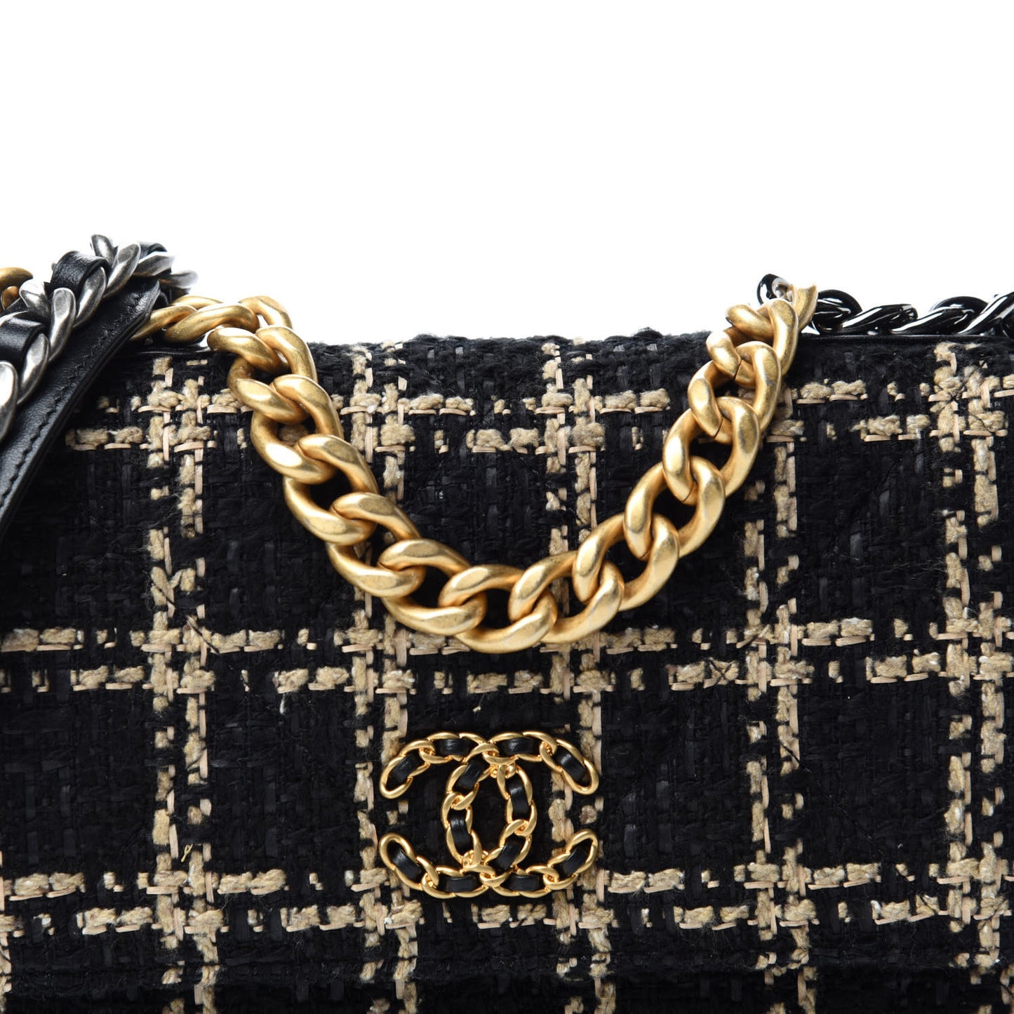 Tweed Quilted Chanel 19 Wallet On Chain WOC Black Beige