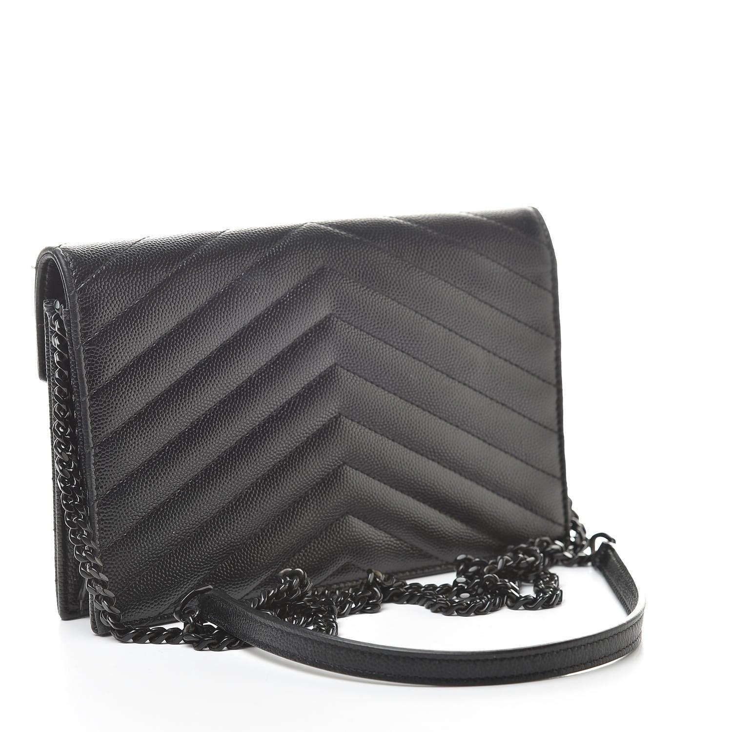 Saint Laurent Grain De Poudre Matelasse Chevron Monogram Envelope Chain Wallet Black 3 of 13