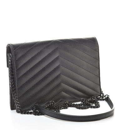 Saint Laurent Grain De Poudre Matelasse Chevron Monogram Envelope Chain Wallet Black 3 of 13