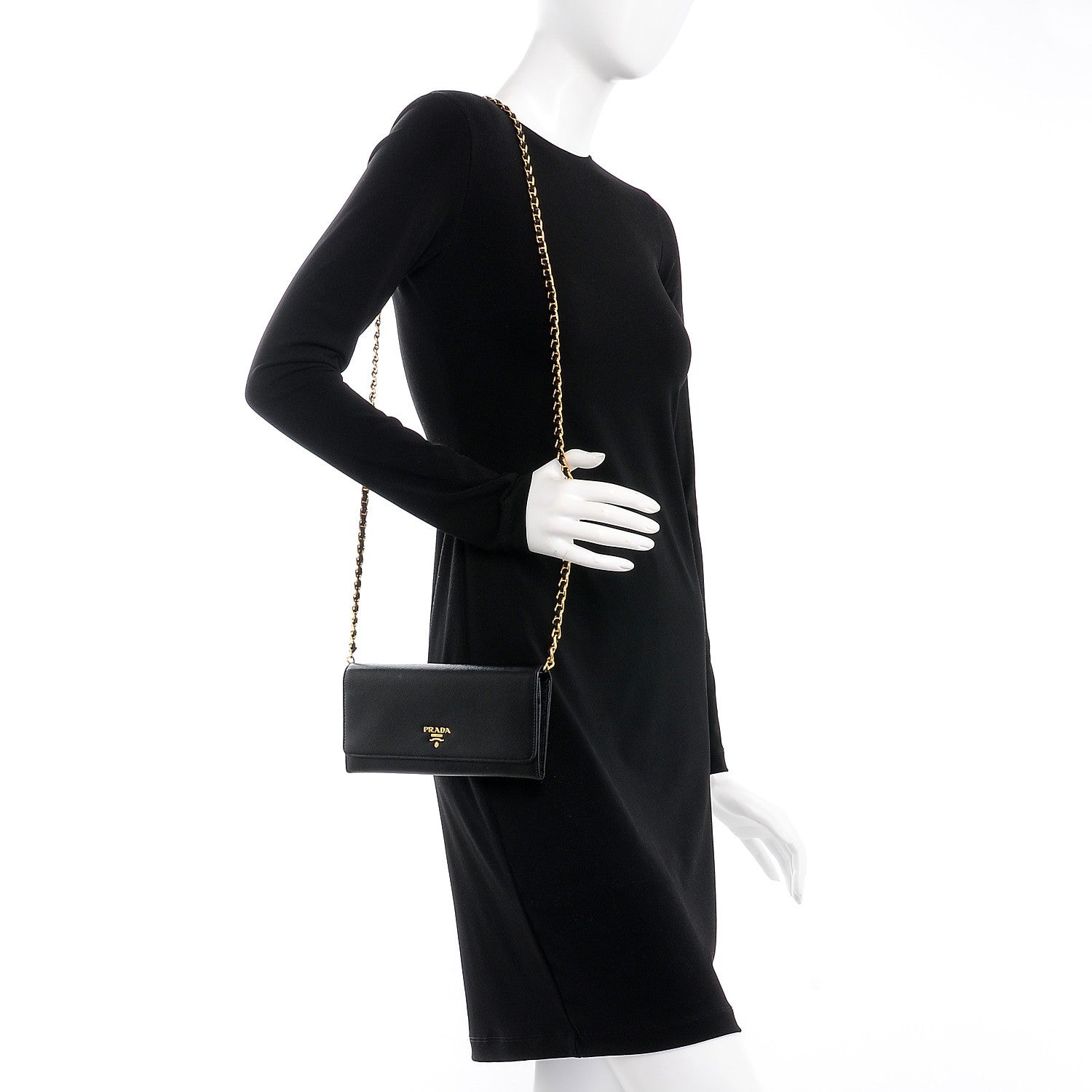Prada Saffiano Metal Oro Chain Wallet Nero Black 2 of 9