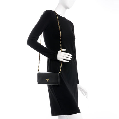 Prada Saffiano Metal Oro Chain Wallet Nero Black 2 of 9