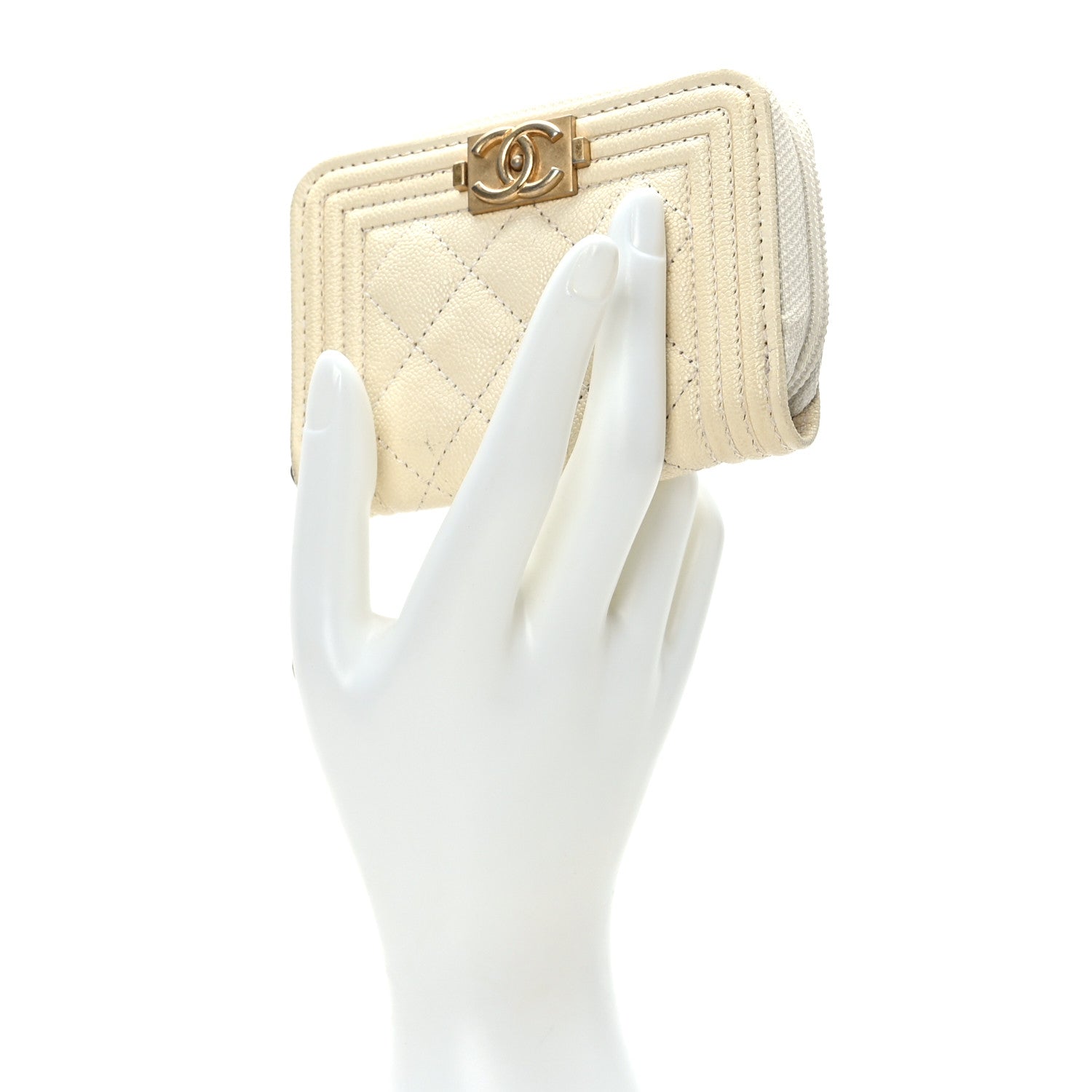 Chanel Caviar Quilted Boy Zip Around Coin Purse Wallet Ivory 2 of 8