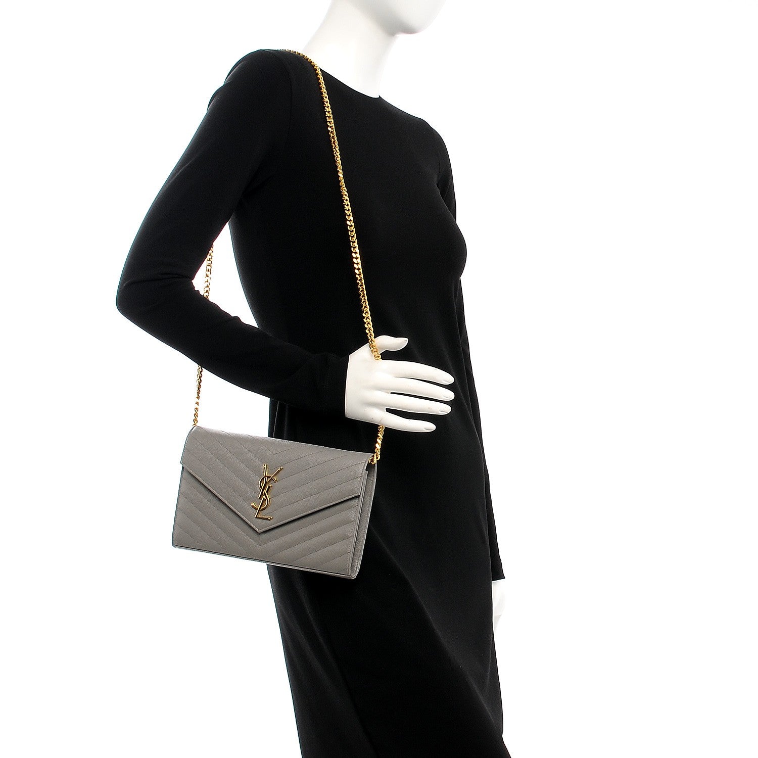 Saint Laurent Grain De Poudre Matelasse Chevron Monogram Chain Wallet Fog 2 of 8