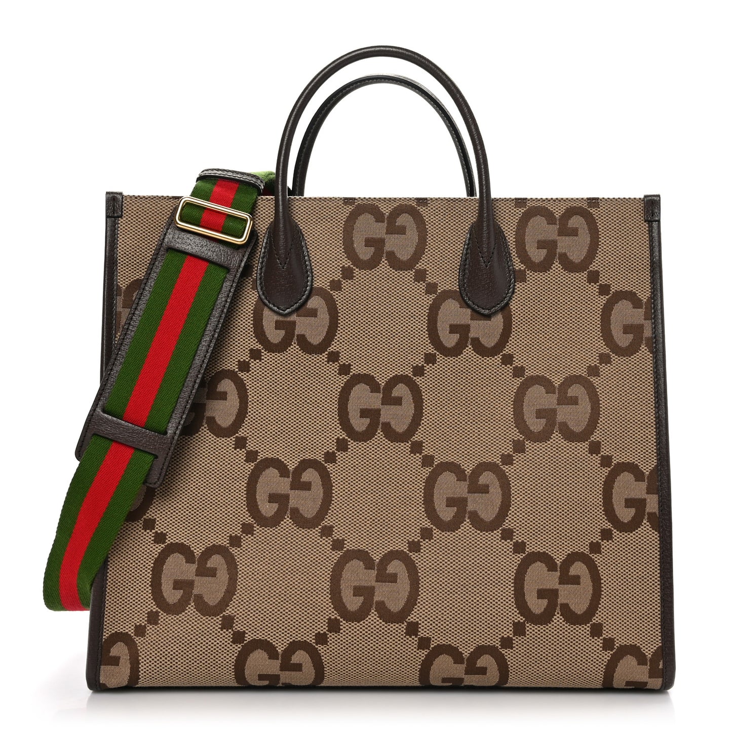 Monogram Jumbo GG Textured Dollar Calfskin Web Tote Bag Camel Ebony New Acero