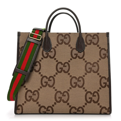 Gucci Monogram Jumbo GG Textured Dollar Calfskin Web Tote Bag Camel Ebony New Acero 1 of 9
