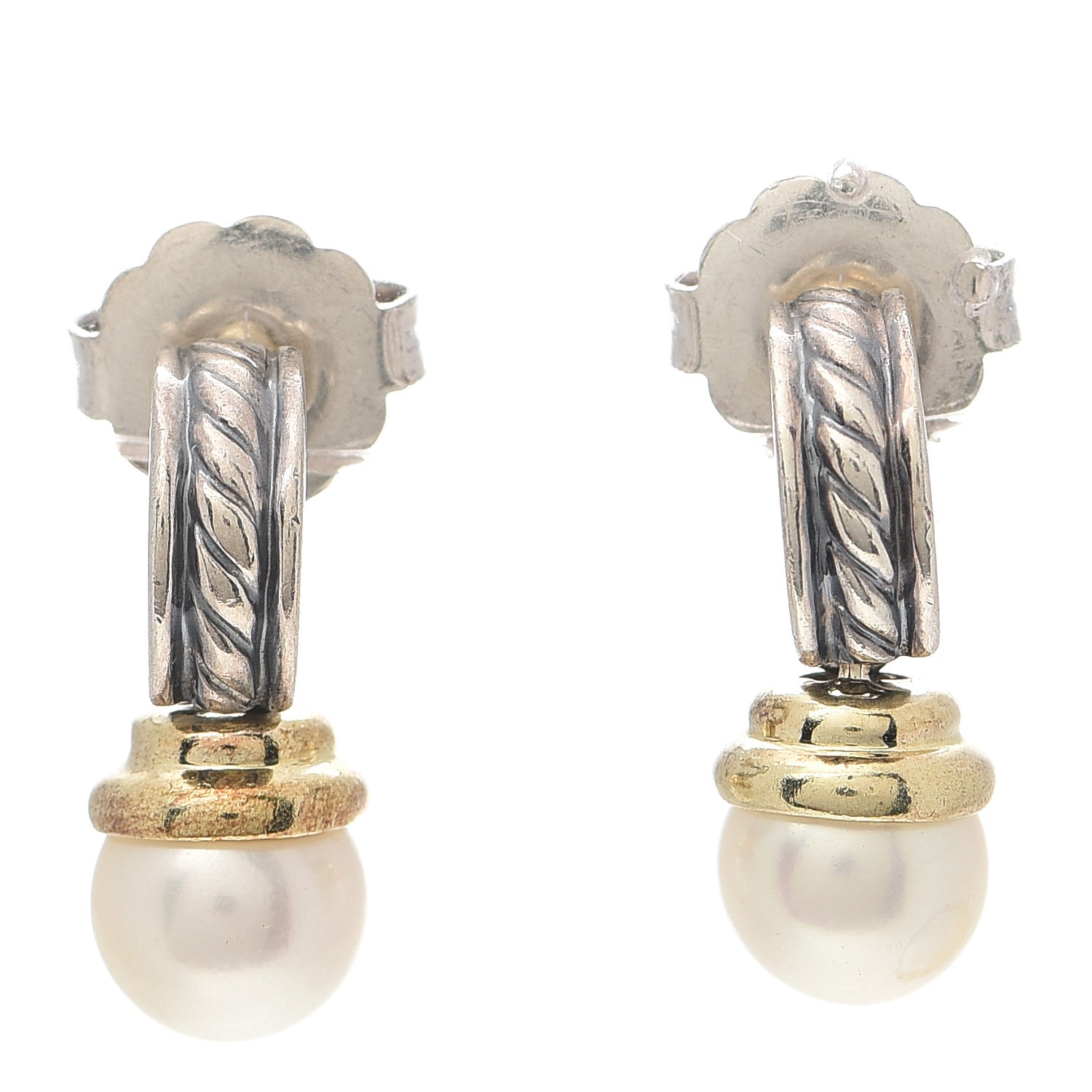 David Yurman Sterling Silver 18K Yellow Gold Pearl Cable Drop Earrings 1 of 4