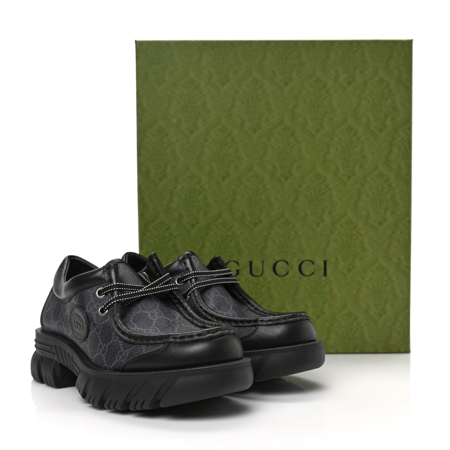 GG Supreme Monogram Quebec Calfskin Retro Interlocking G Mens Platform Derby Loafers 8.5 Black
