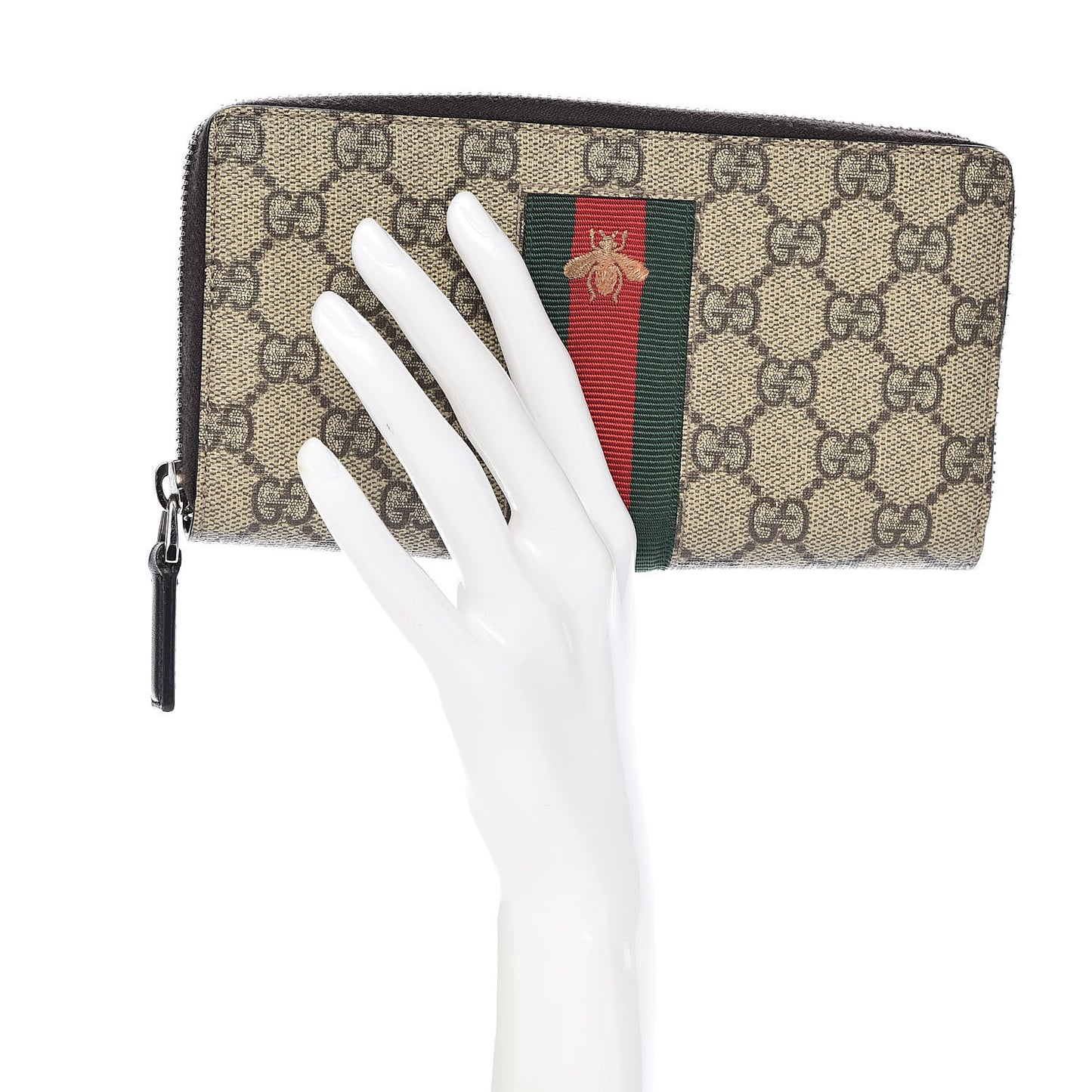 GG Supreme Monogram Web Bee Zip Around Wallet Beige Cocoa