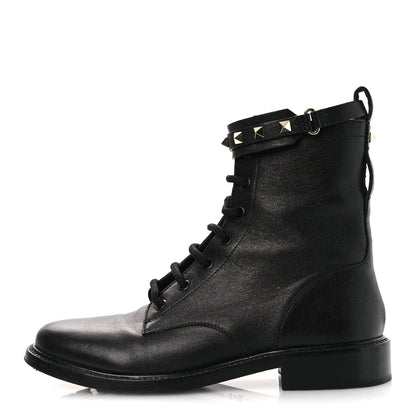 Valentino Garavani Calfskin Rockstud Combat Ankle Boots 37 Black 1 of 12