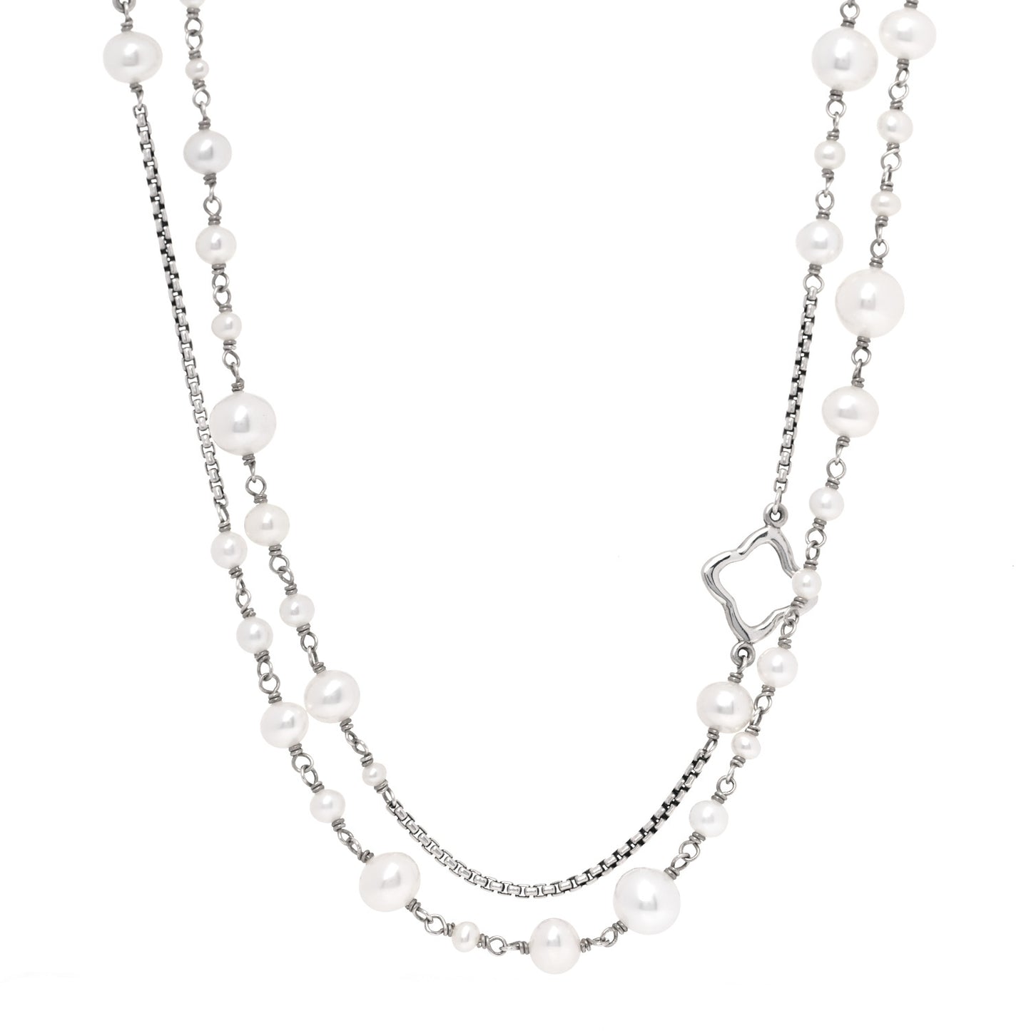 Sterling Silver Pearl Quatrefoil Long Chain Necklace