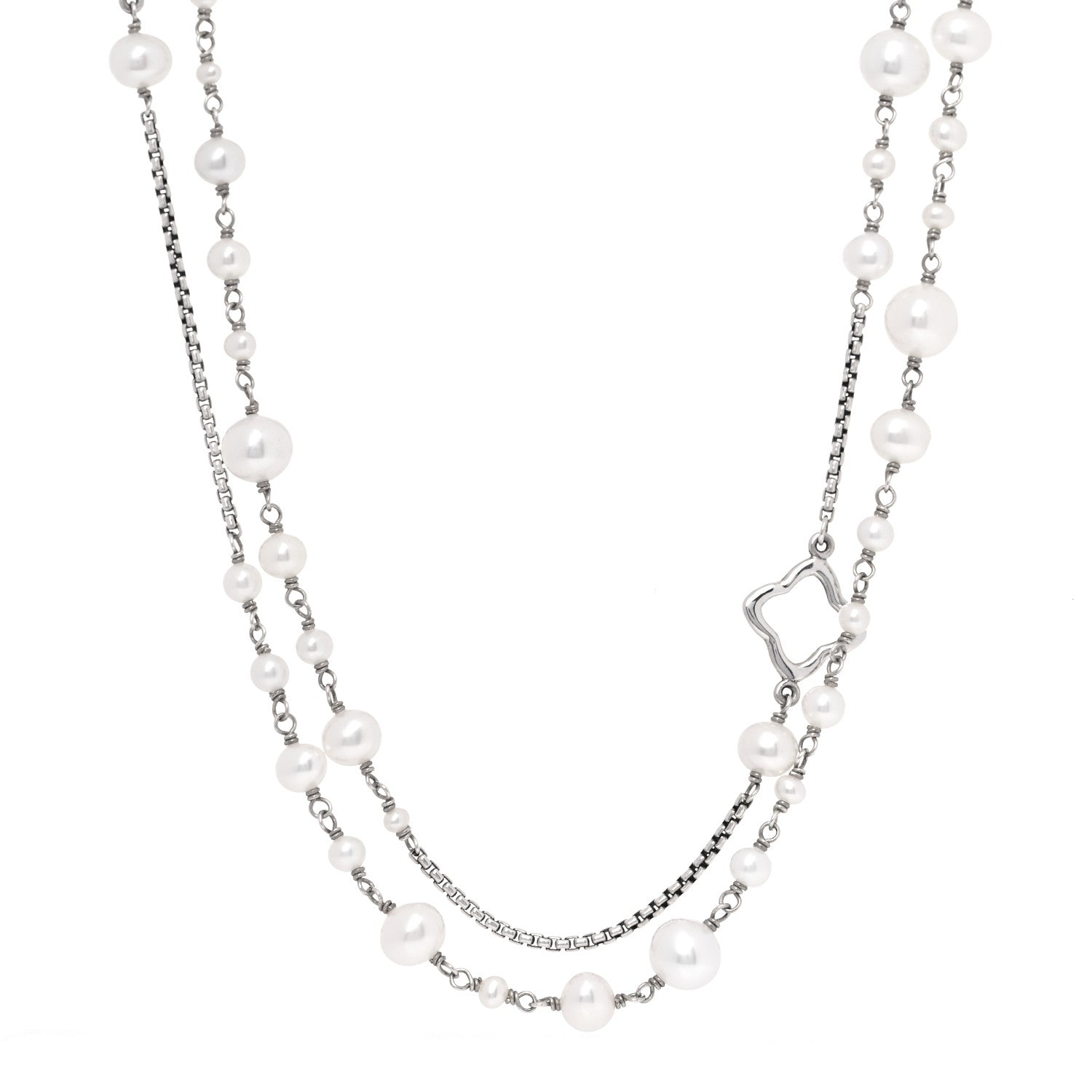 David Yurman Sterling Silver Pearl Quatrefoil Long Chain Necklace 1 of 5