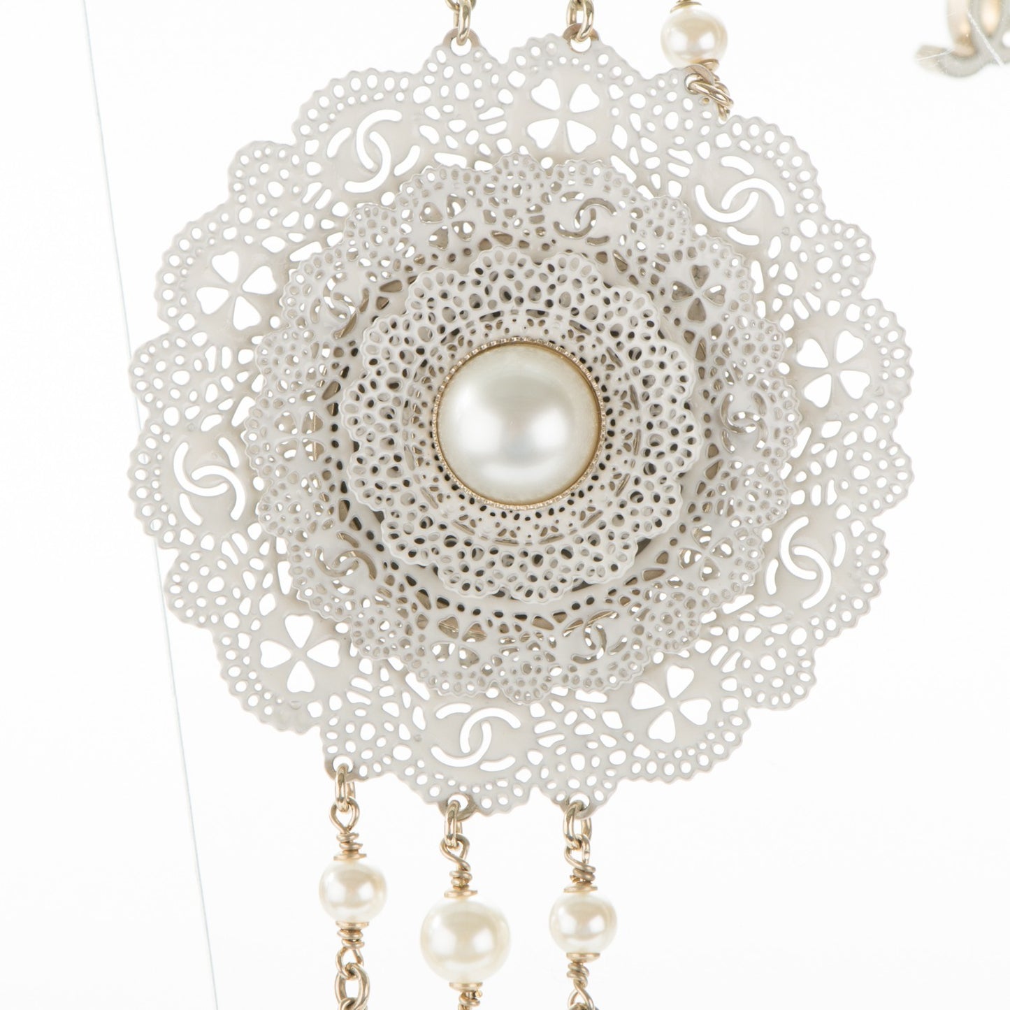 Pearl CC Triple Strand Long Necklace Gold Pearly White