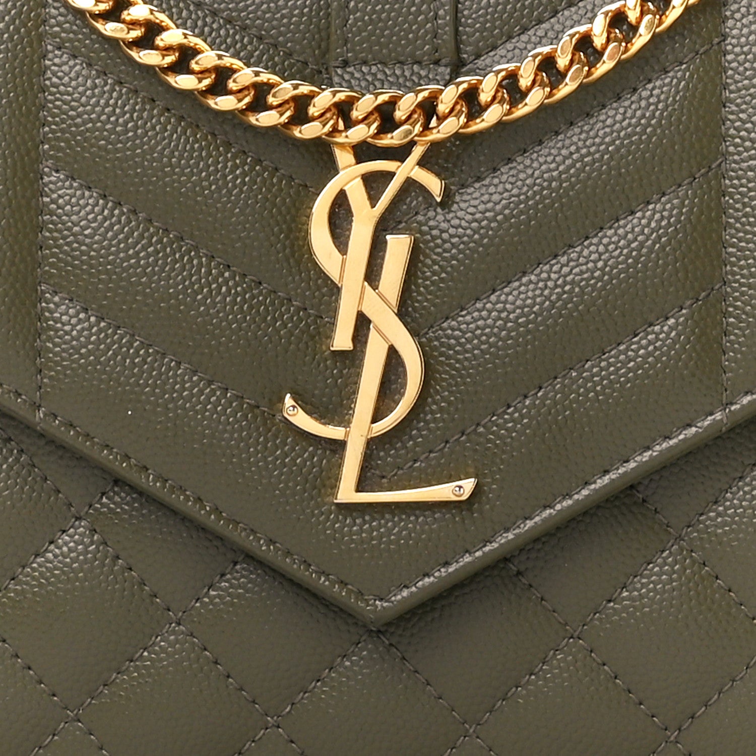 Saint Laurent Grain De Poudre Mixed Matelasse Triquilt Monogram Chain Wallet Kaki 9 of 11