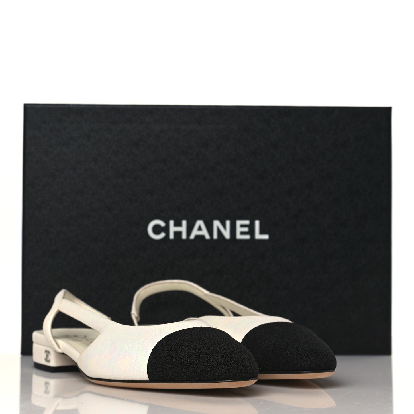 Iridescent Tweed Cap Toe CC Slingback Flats 36 White Black