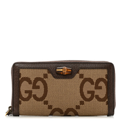 Gucci Monogram Jumbo GG Textured Dollar Calfskin Diana Zip Around Continental Wallet Camel Ebony New Acero 1 of 8