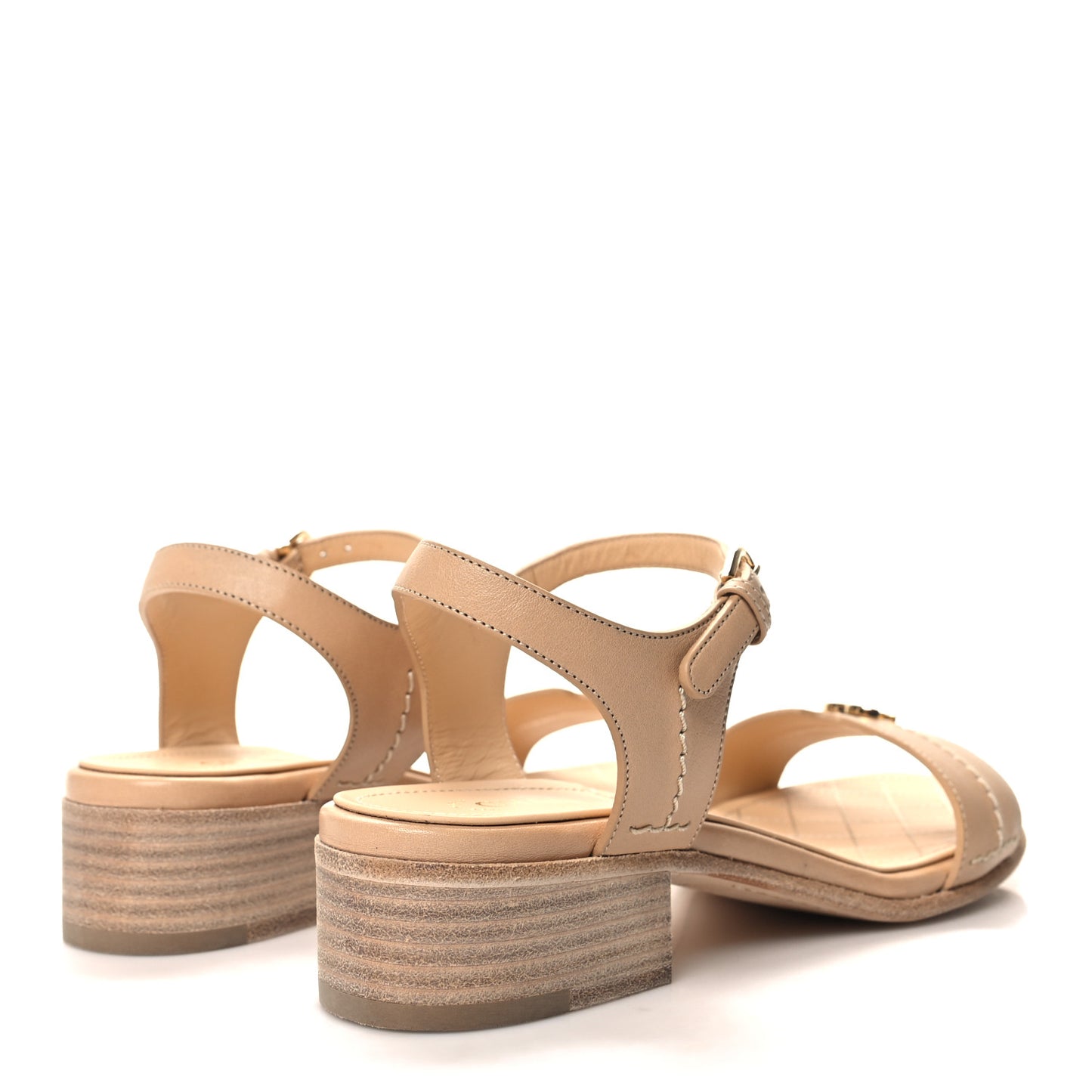 Calfskin CC Ankle Strap Sandals 37.5 Beige