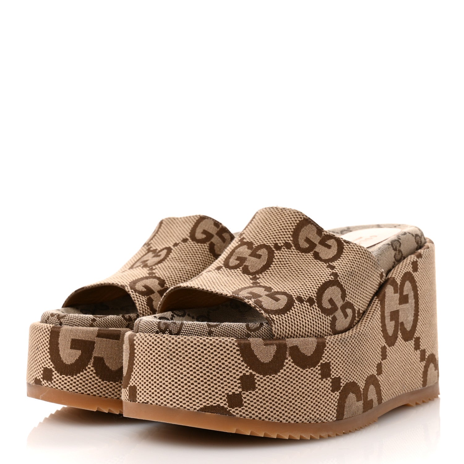Gucci Monogram Jumbo GG Platform Slide Wedge Sandals 37 Camel Ebony 4 of 11