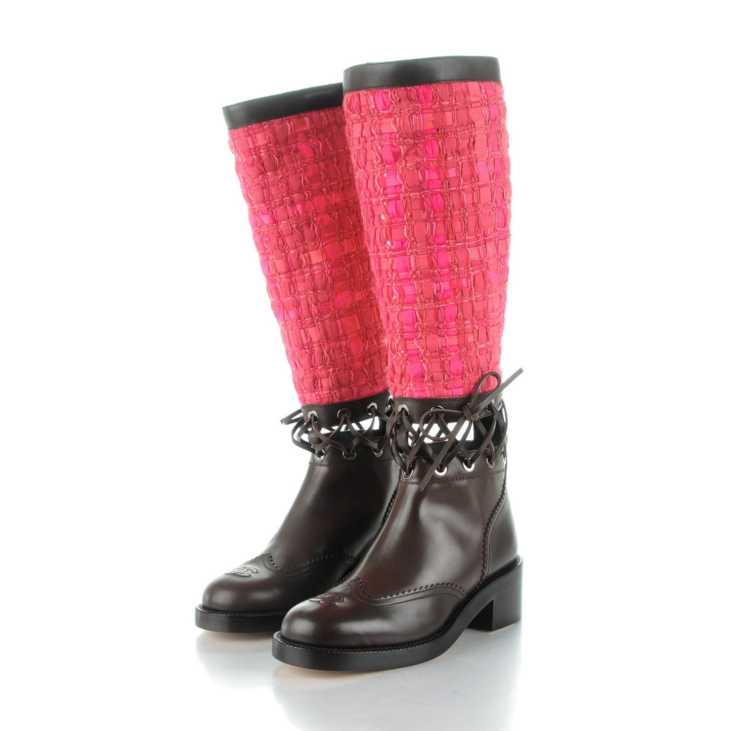 Tweed Calfskin Lace Up Knee High Boots 37.5 Fuchsia Brown
