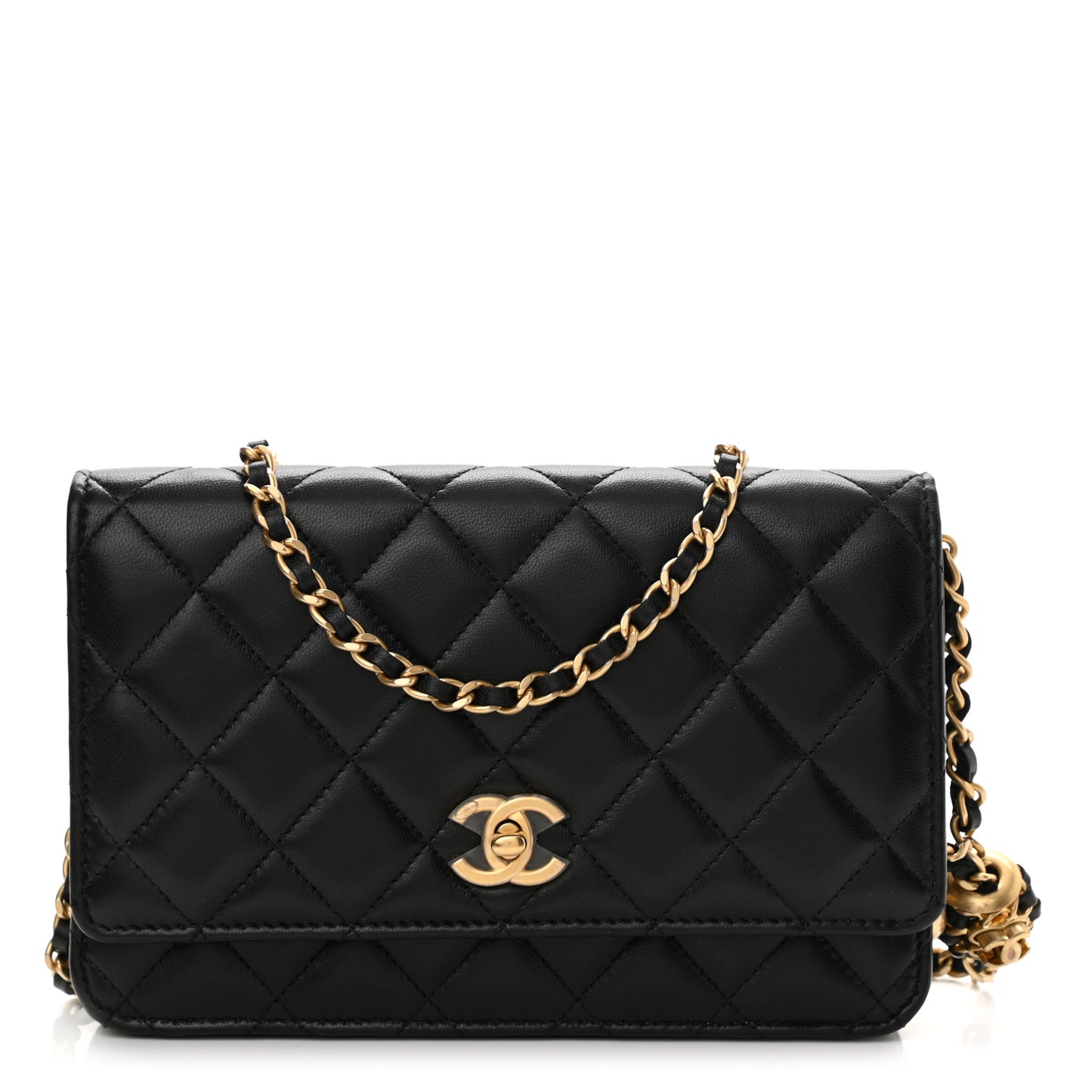 Lambskin Quilted CC Pearl Crush Wallet on Chain WOC Black