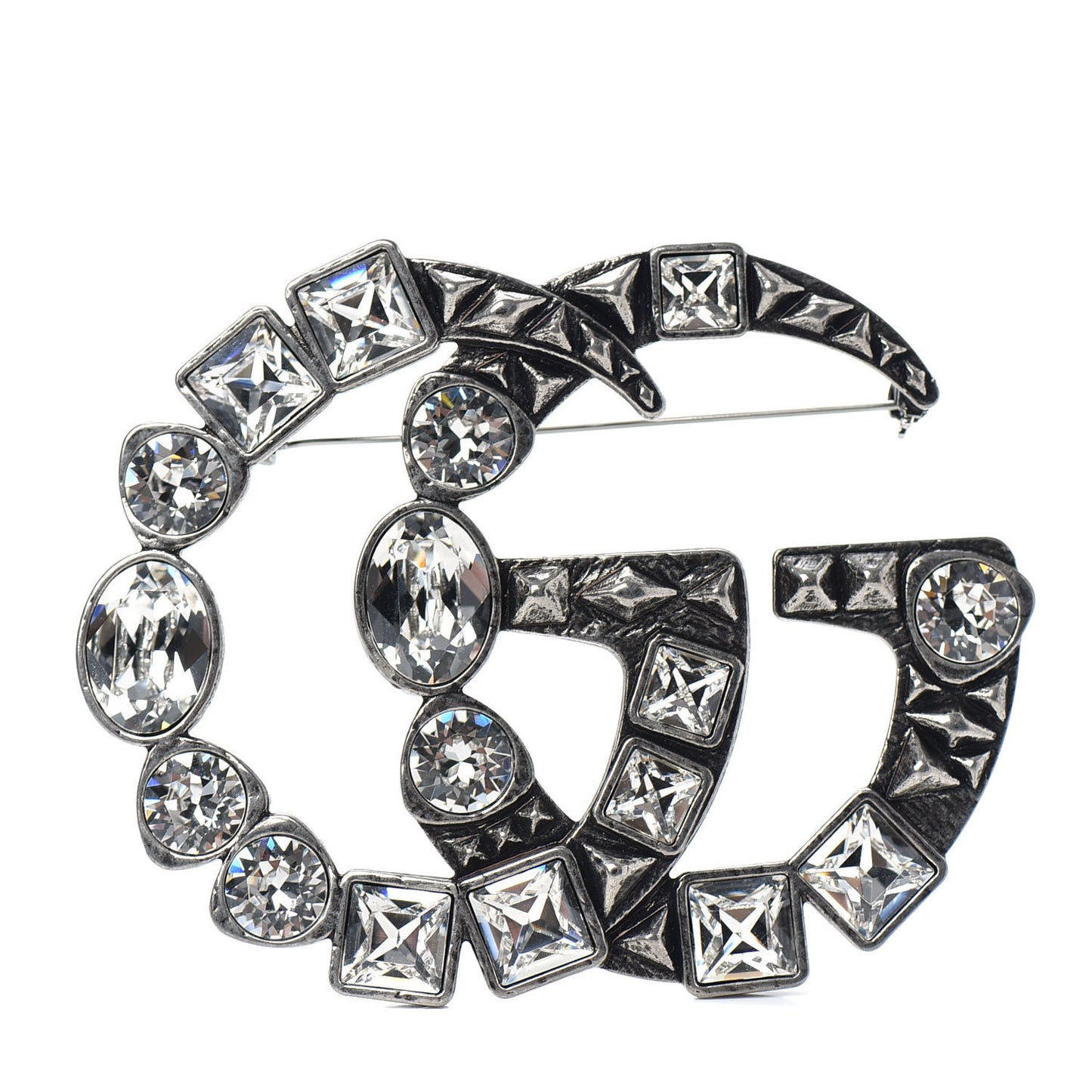 Metal Crystal Double G Brooch Silver