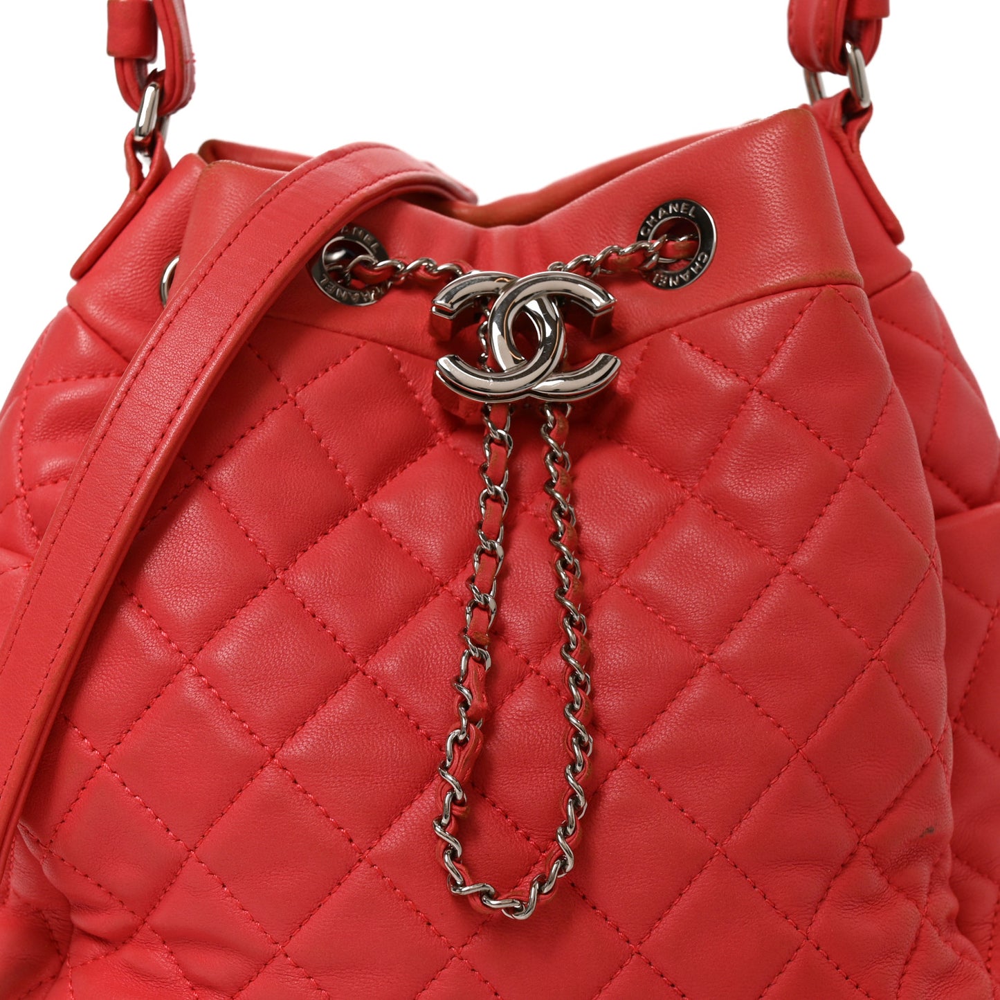 Lambskin Quilted Small CC Chain Drawstring Bucket Bag Red