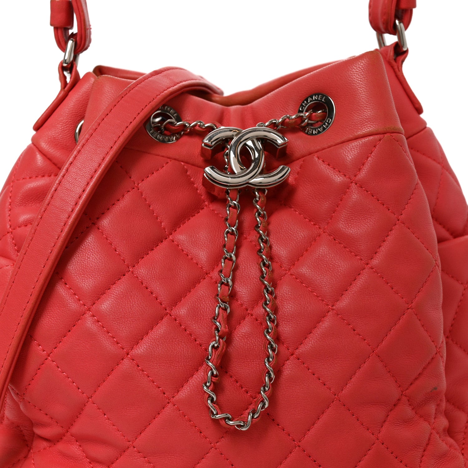 Chanel Lambskin Quilted Small CC Chain Drawstring Bucket Bag Red 7 of 9