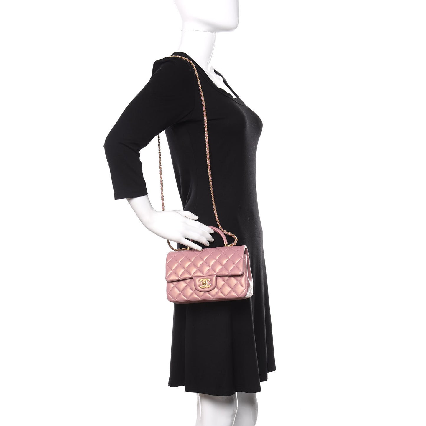 Iridescent Lambskin Quilted Mini Top Handle Rectangular Flap Pink