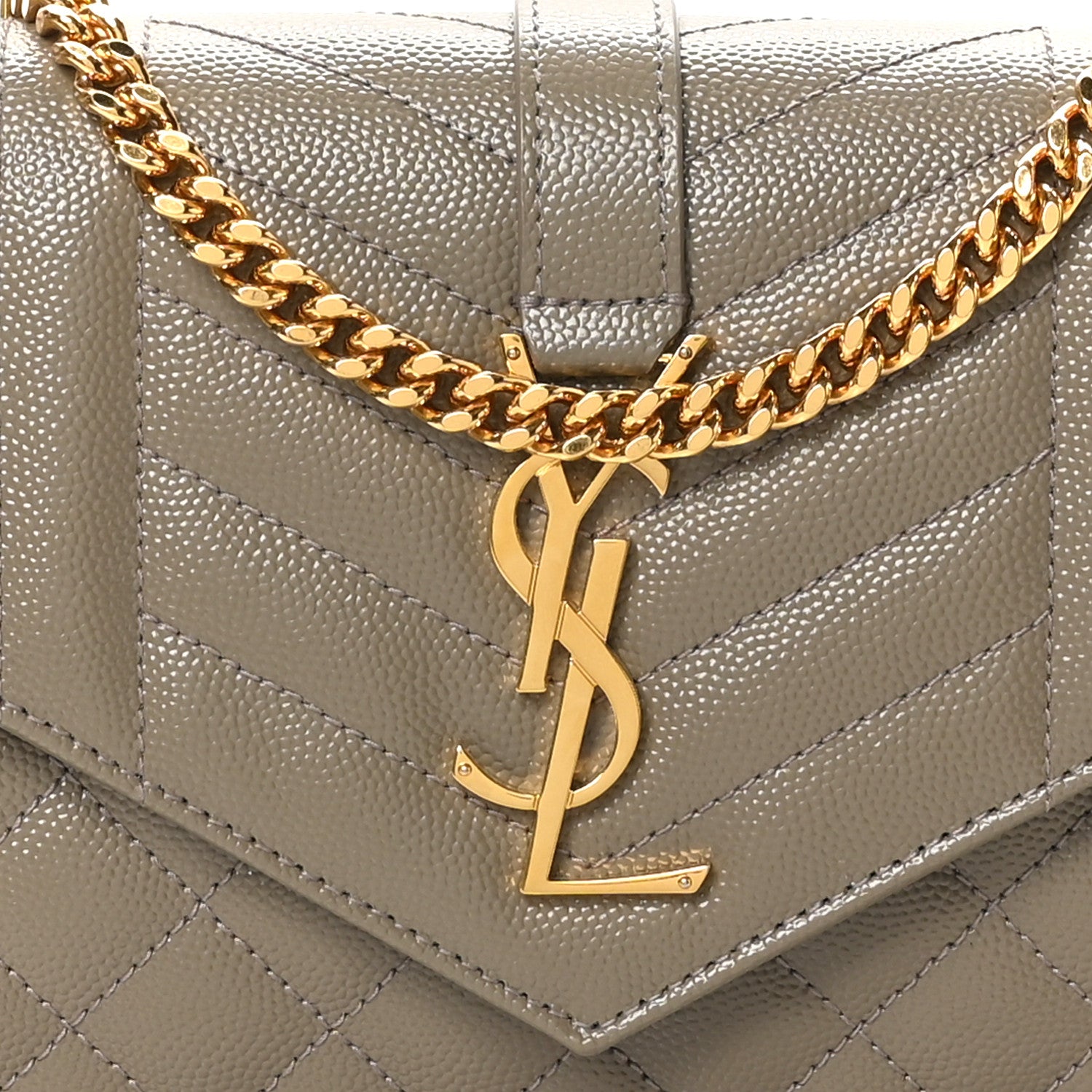 Saint Laurent Grain De Poudre Mixed Matelasse Triquilt Monogram Chain Wallet Dark Beige 7 of 9