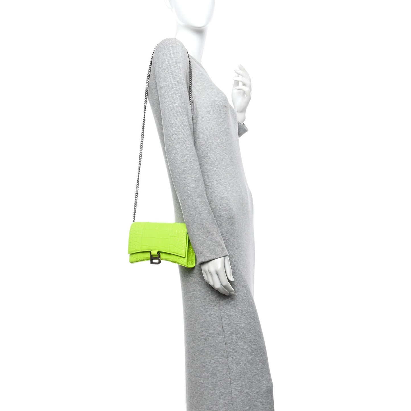 Shiny Calfskin Crocodile Embossed Hourglass Chain Bag Fluo Yellow