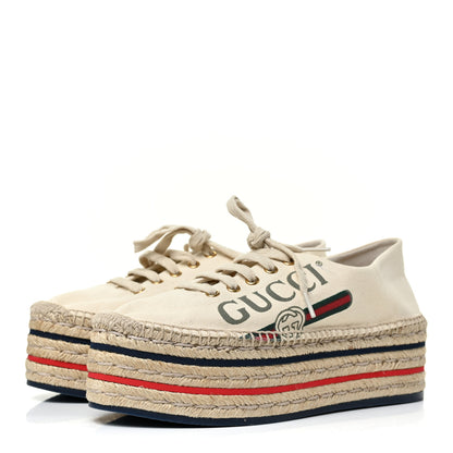Gucci Canvas Logo Lace-Up Platform Espadrilles 39 Greggio Grege 3 of 8