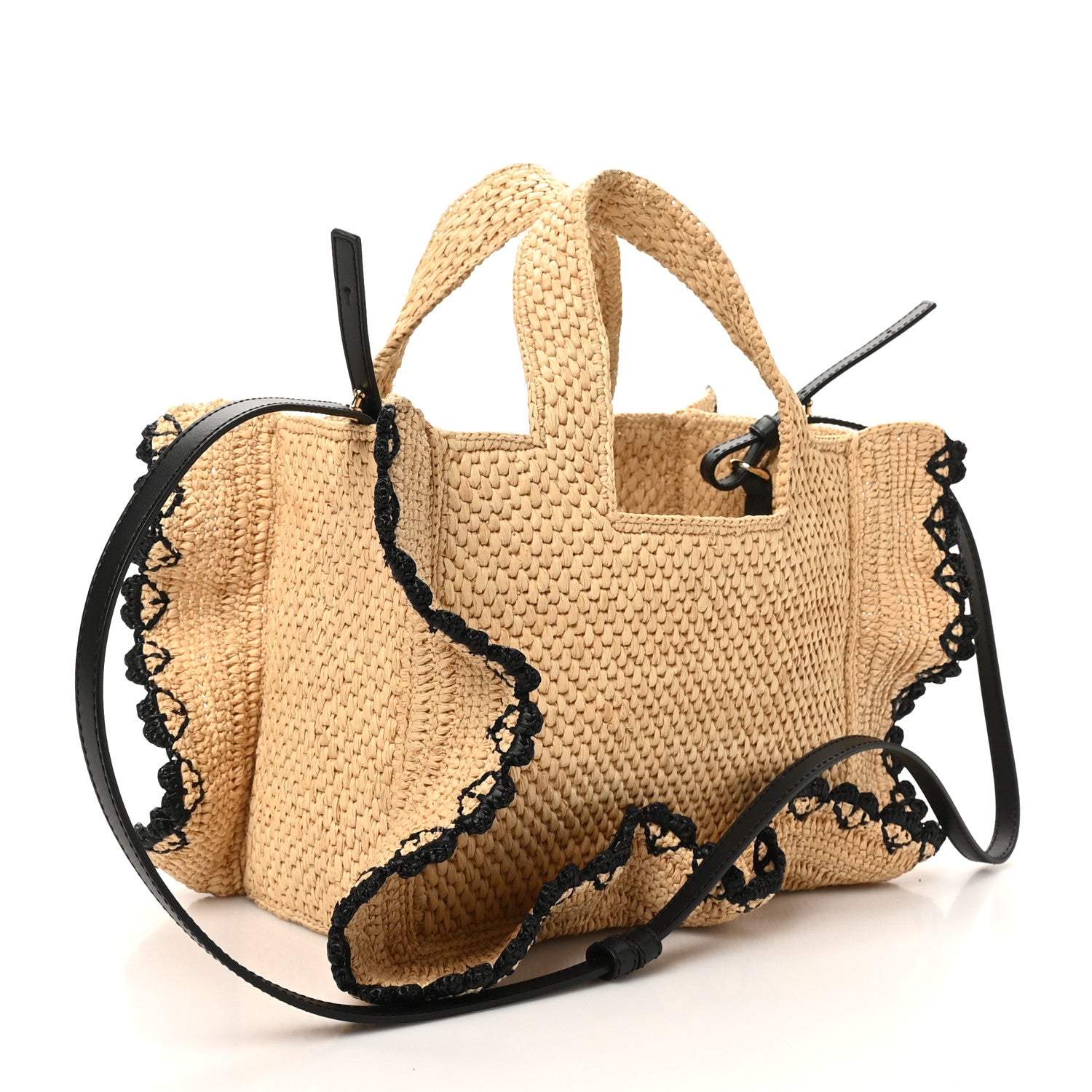 Loewe Calfskin Raffia Paulas Ibiza Small Balloon Ruffles Tote Bag  Natural Black 3 of 8