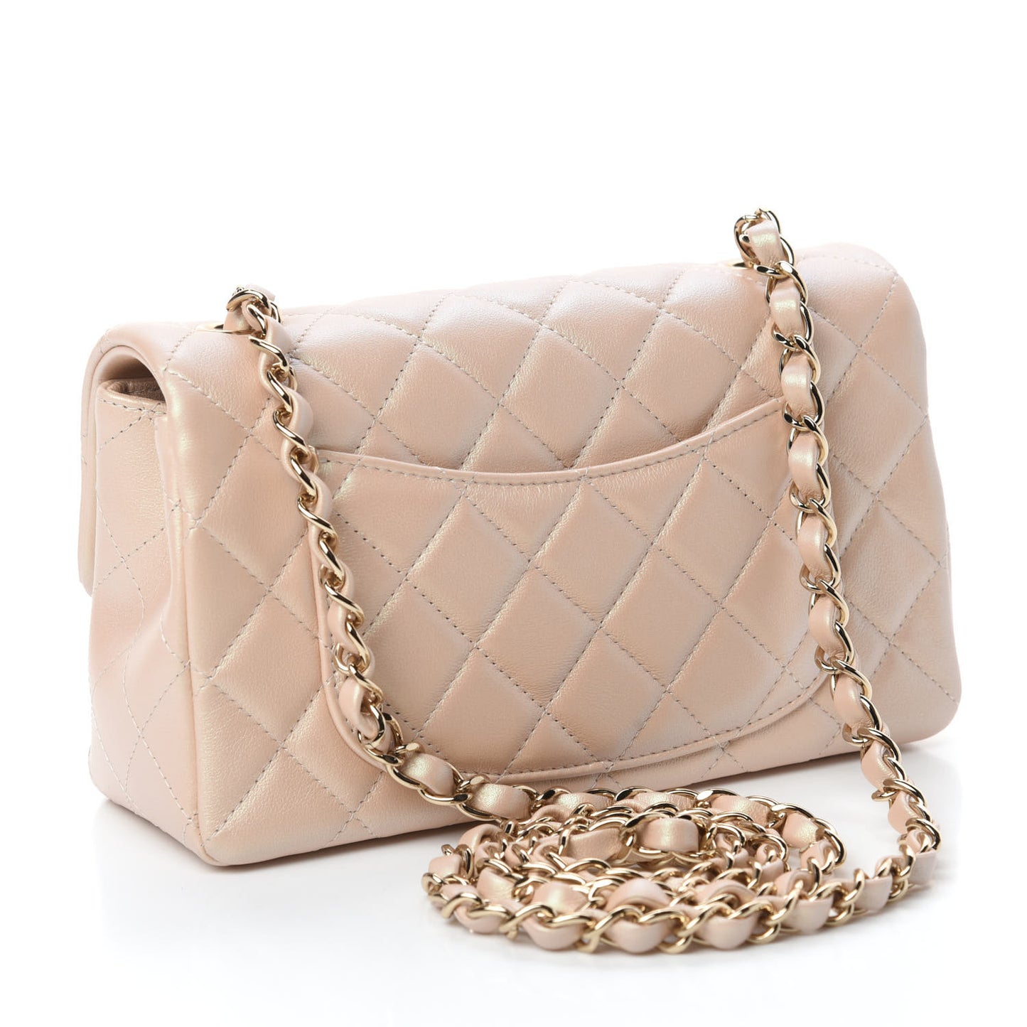 Iridescent Calfskin Quilted Mini Rectangular Flap Beige