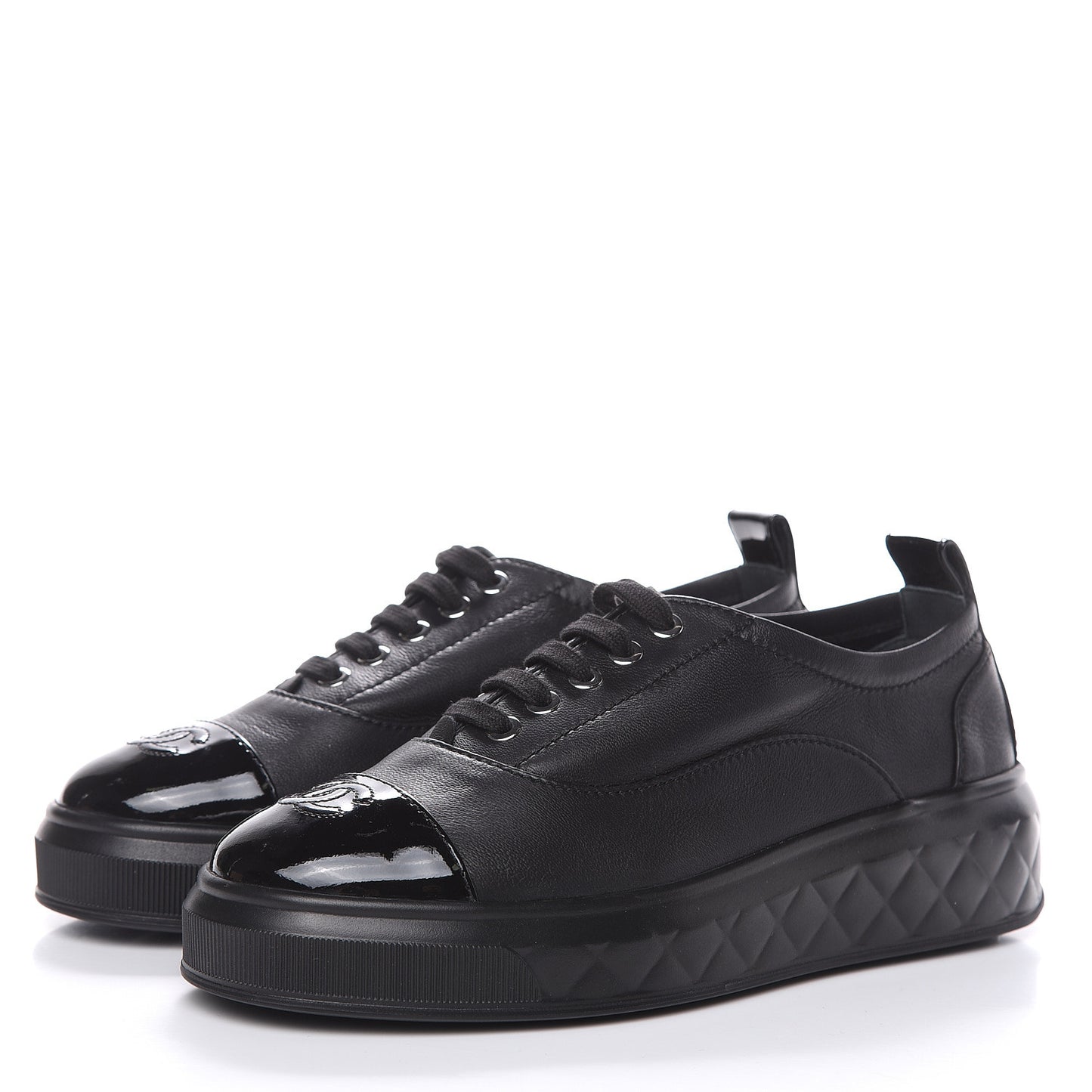 Lambskin Patent Cap Toe Lace Up Sneakers 38.5 Black