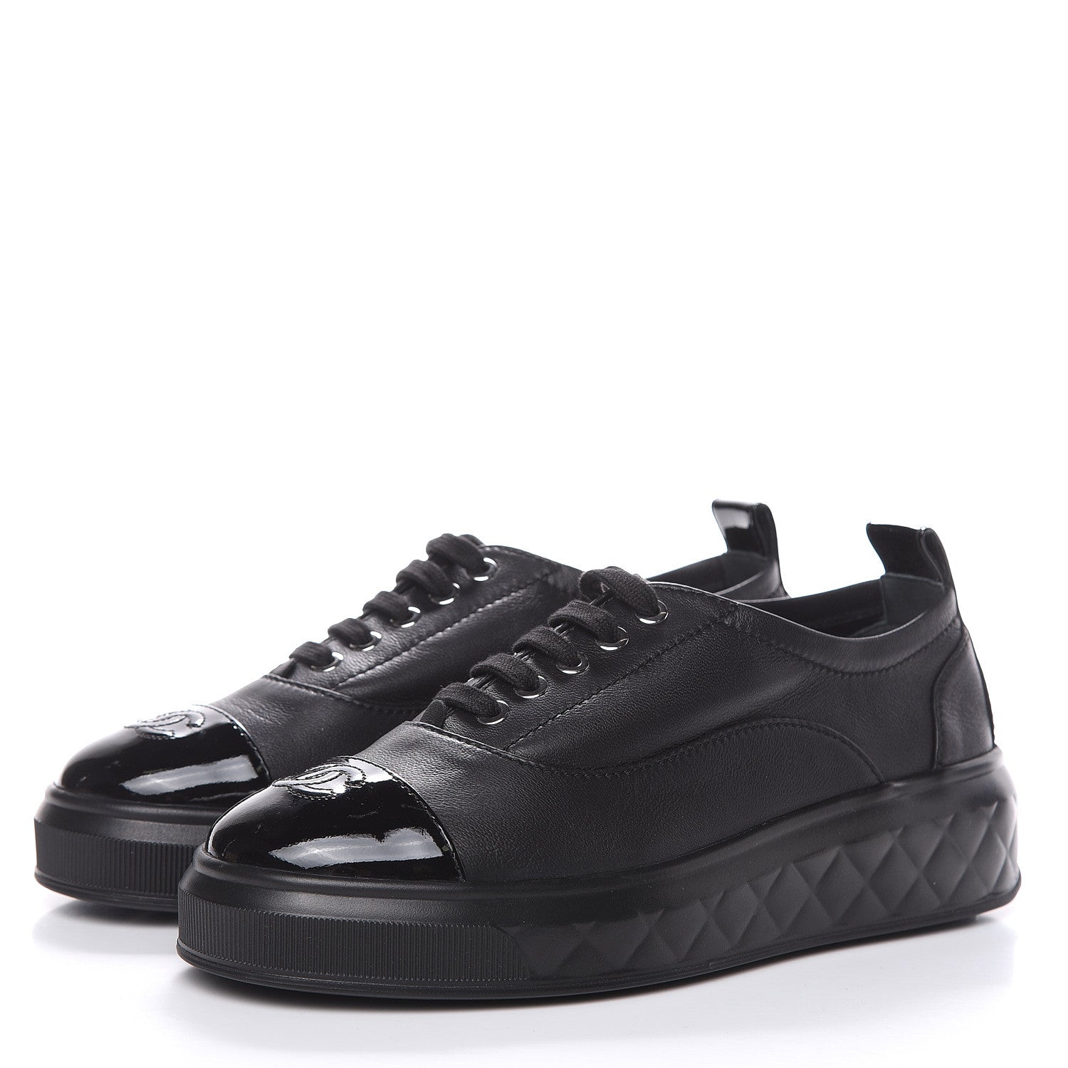 Chanel Lambskin Patent Cap Toe Lace Up Sneakers 38.5 Black 3 of 8