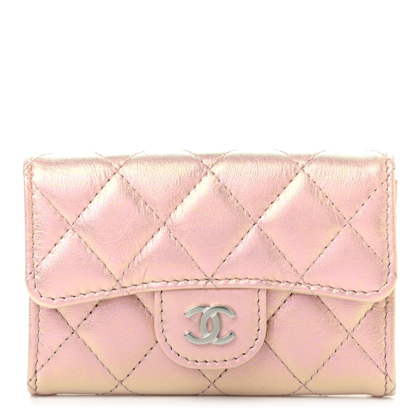 Iridescent Calfskin Quilted Flap Card Holder Wallet Pink