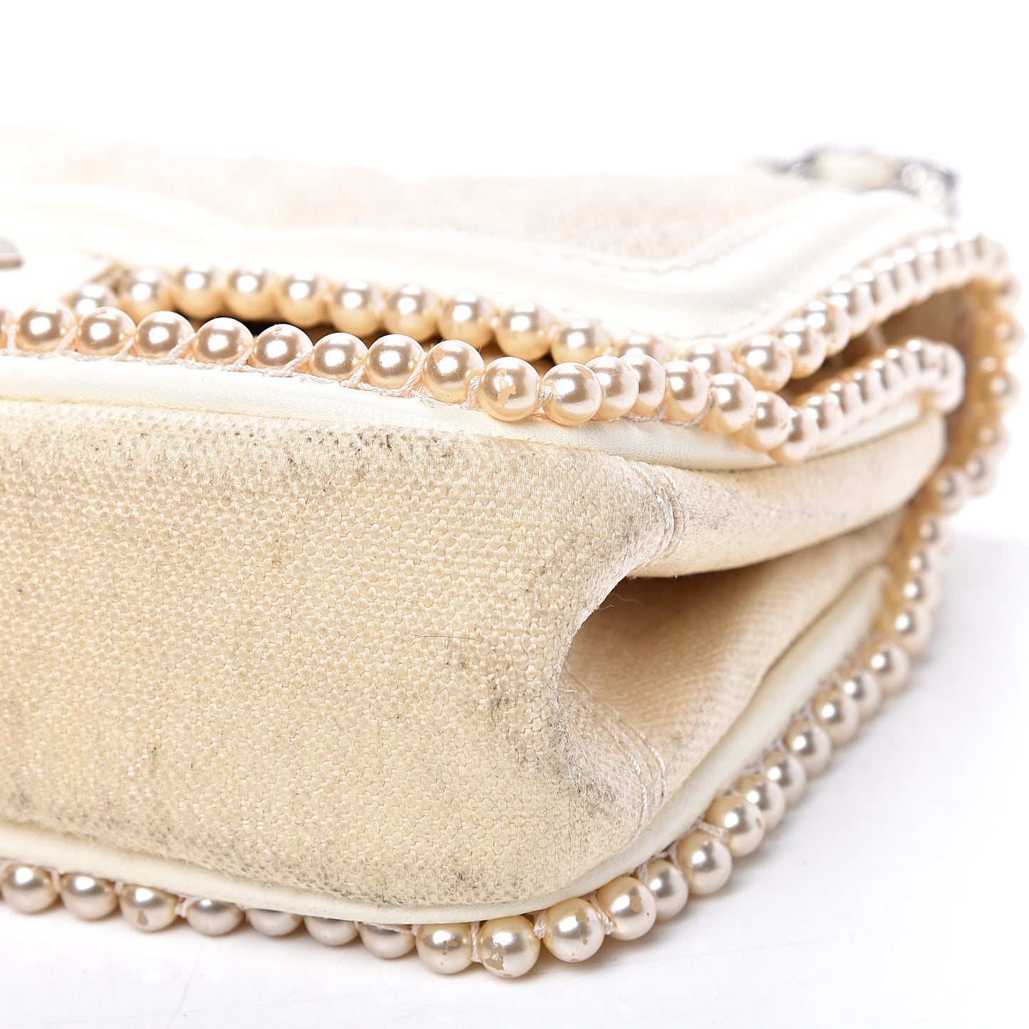 Canvas Quilted Pearl Trim Medium Flap Beige