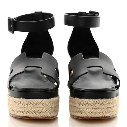 Hermes Goatskin Elda Espadrille Wedge Sandals 38 Black 2 of 9