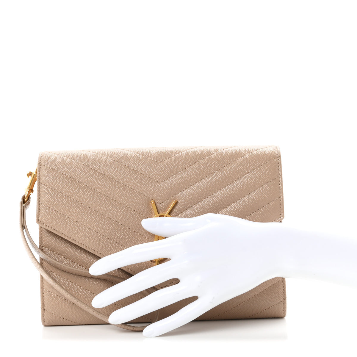 Saint Laurent Grain De Poudre Matelasse Chevron Monogram Envelope Clutch Dark Beige 2 of 7