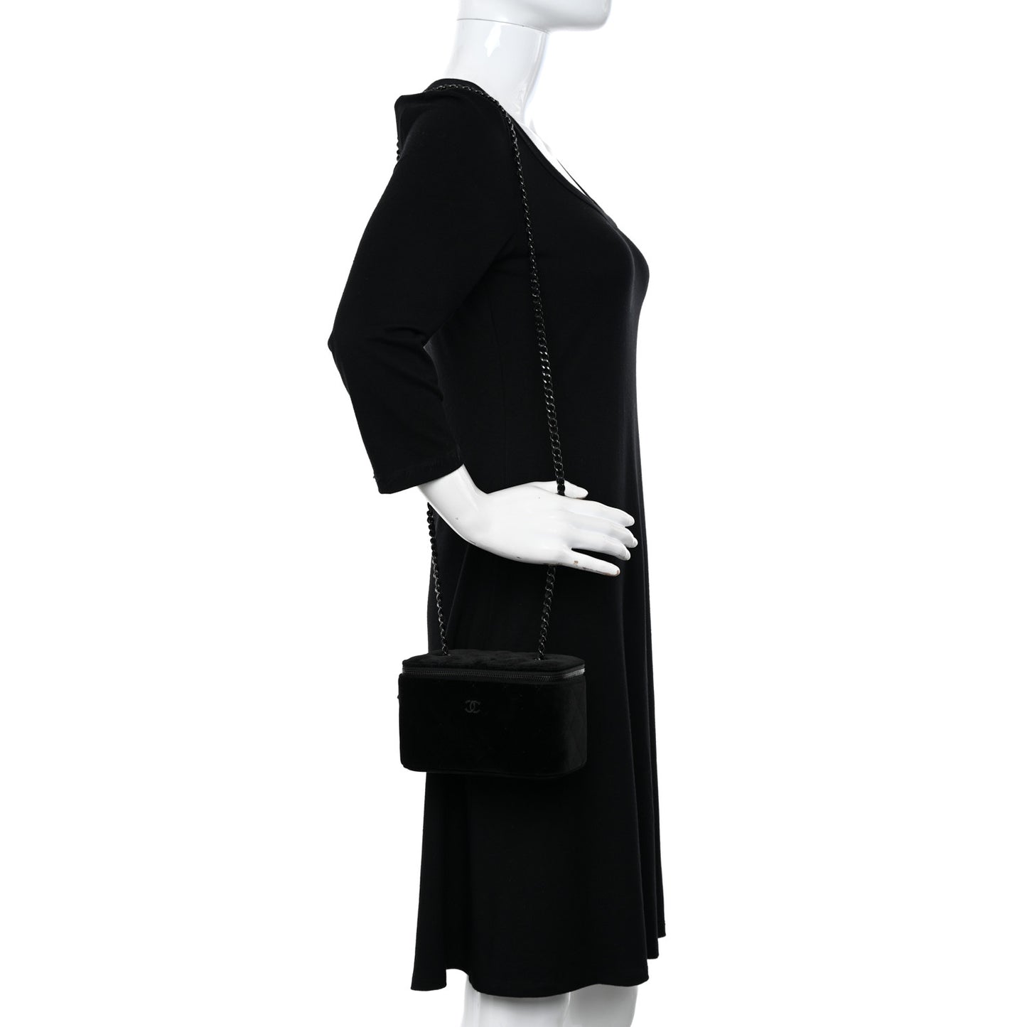 Velvet Quilted Small Vanity Case With Chain Black