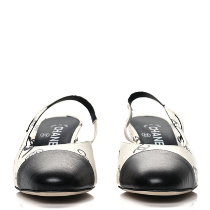 Chanel Printed Lambskin Cap Toe CC Slingback Pumps 37 Black White 2 of 9